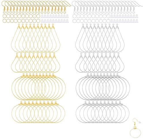 Forniture per la creazione di gioielli, Ganci per orecchini ipoallergenici, Kit per orecchini da 200 pezzi, Include 40 ciondoli a goccia e 40 ciondoli rotondi, ganci, anelli aperti e chiusure per