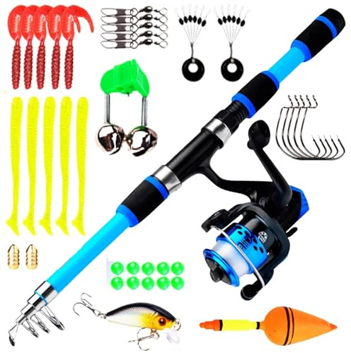 Angelset für Kinder, Kinder Angelruten Set, Kinderangel Starter Set, 1.8m Teleskop-Angelrute mit Angelrolle und Köder Set, Angel Zubehör für Kinder Angel Set für Kinder von 3-10 Jahren (Blau)
