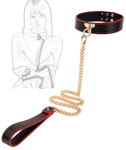 TAUOE Collier en cuir avec chaîne - Réglable avec chaîne dorée pour jeux de rôle, entraînement à la traction, pour hommes et femmes - Noir et rouge