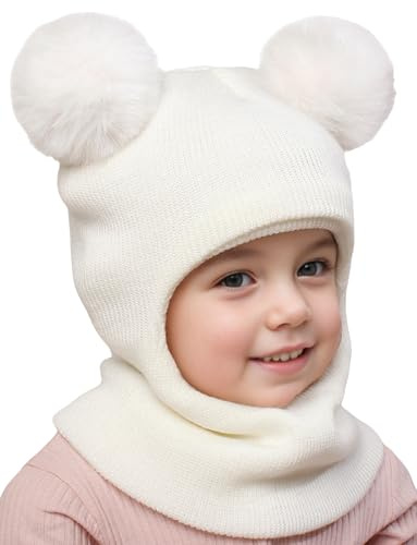 Maeau Mütze Winter Beanie für Kinder Mädchen Jungen 6 Monate-10 Jahre Baby Wintermütze Schlupfmütze Gestrickt mit 2 Bommel Kleinkind 2 in 1 Sturmhaube und Loop Schal Schalmütze Strickmütze Herbst