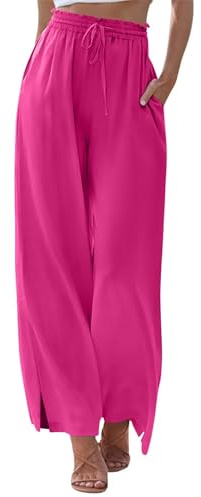 KISSMODA Women Summer Boho Palazzo Pants High Waist Wide Leg Casual Lounge Work Trousers with Pockets Pink XL