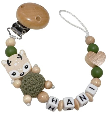 Schnullerband mit Namen für Mädchen & Jungen personalisierte Baby Geschenke (Reh Grün Mit Herz)