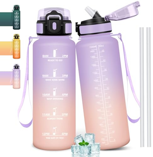Mulbijeo 1.5L Borraccia Acqua, Borraccia Motivazionale con Cannuccia, Water Bottle, A Prova di Perdita, Bottiglia Acqua per Scuola, Palestra, Campeggio, Ciclismo, Yoga
