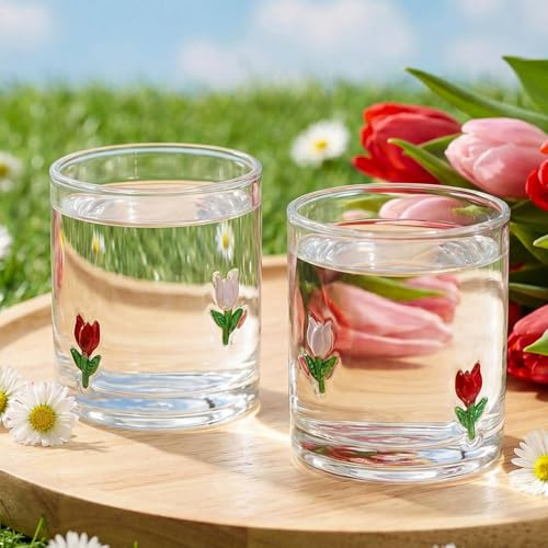 SiliFine 4 Pack Floral Icon Glass Cups 14oz Tulip Icon Juice Glasses Flower Stemless Wine Glasses Iced Coffee Drinking Cup for Spring Wedding Women Mother's Day Birthday Favors Gifts (Tulip)