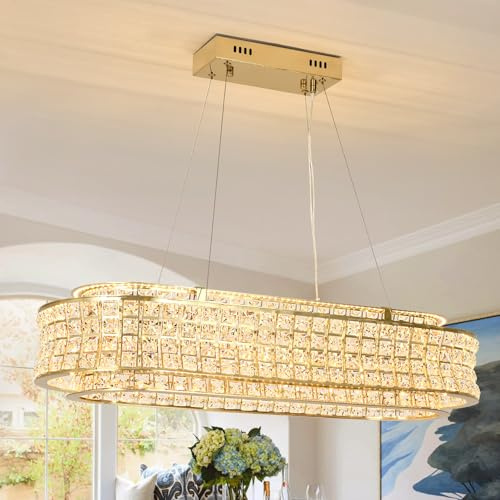 KUNYEEE Moderner Kristallleuchter in Gold, ovale LED-Pendelleuchten, verstellbare goldene Hängelampen für Flur, Wohnzimmer, Esszimmer 80 x 35 cm
