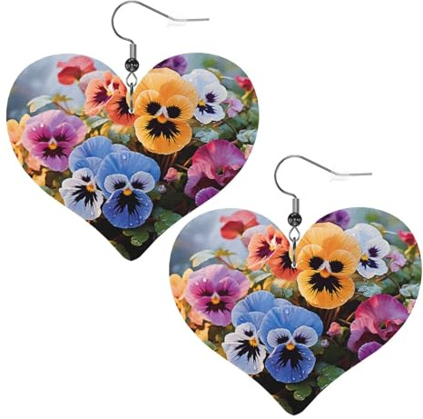 Pansy Flowers Leather Earrings for Women Heart Dangle Earrings Lightweight Drop Earring Jewelry Gift, One Size, Silver, No Gemstone