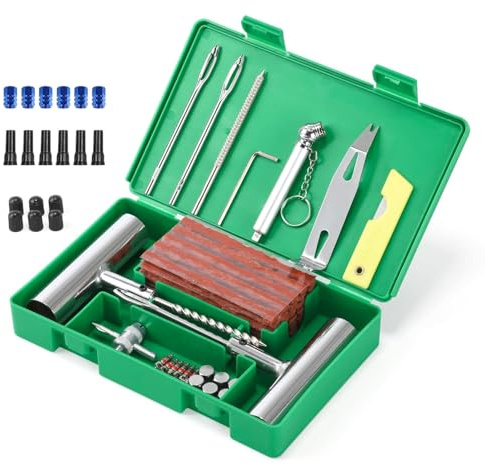 OMATOP Kit de réparation de pneus 71 pièces, kit de réparation de pneus, kit de réparation de crevaisons Ultra-résistant avec manomètre et Gants pour Voiture, Moto, Quad, Jeep, Camion