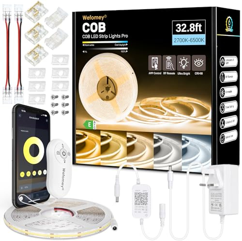 COB LED Strip 10m, Dimmable 2700K-6500K High Bright Dotless LED Tape Light with Remote and APP Control, 6080LEDs, DC24V, CRI>90, 8mm Width, Warm White to Cool White LED Strip Lights for Bedroom