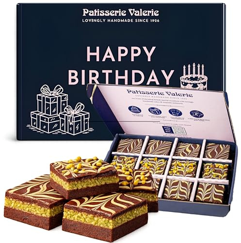 Patisserie Valerie Happy Birthday Dubai Chocolate Brownies, Box of 12 | Pistachio & Kunafa Filling, Rich Fudgy Centres, Happy Birthday Sleeve, Carefully Packed for Delivery
