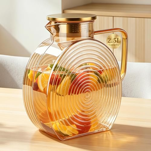 XRXYMQ 2,5 L vattenkaraff borosilikatglas med rostfritt stållock Champagner | Glaskaraff av borosilikatglas, för varma och kalla drycker, perfekt för iste och lämplig i kylskåpsdörren
