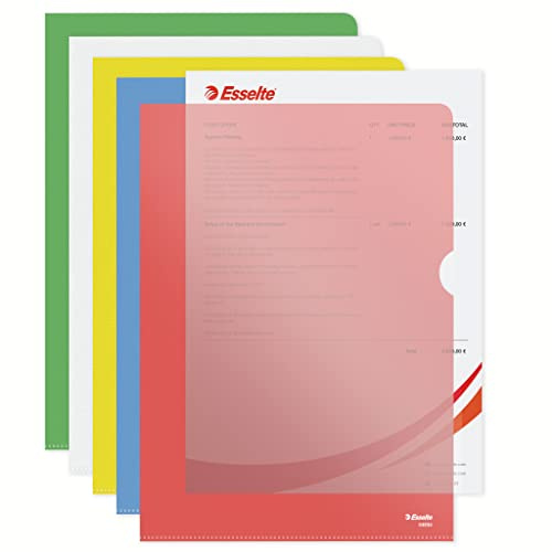 Esselte 15494 kvalitetsmapp, rymmer upp till 20 A4-ark, genomskinlig, matt, blandade färger, 115 mikron PP-material, förpackning med 25