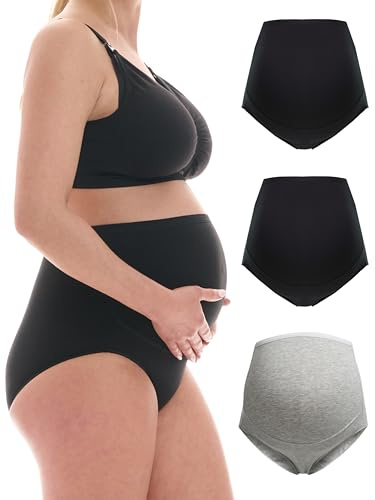 Herzmutter Bragas Premama - Algodón - Braguitas Embarazada - Bragas de Maternidad - Ropa Interior para Futura Mamá - Set de 1 y 3-5130 (L, Negro/Negro/Gris)