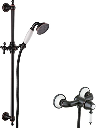PaulGurkes Retro Duscharmatur Aufputz Nostalgie Set Schwarz Handbrause Duschstange Brauseschlauch schwarze Armatur Einhandmischer Duschschlauch Brausestange Halter Antik Vintage Landhausstil Bad