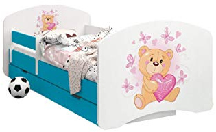 HappyBabies - Doppelseitiges Kinderbett MIT SCHUBLADE Modernes Design mit sicheren Kanten und Absturzsicherung Schaumstoffmatratze 7 cm Blau (Teddybär in der Liebe, 160x80)