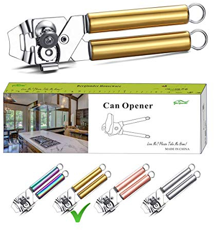 Berglander Abrelatas, abridor de latas con mango dorado de acero inoxidable, abridor de latas con mango chapado en oro de titainio, abrelatas manual de borde liso, resistente