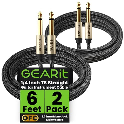 GEARit Guitar Instrument Cable (6ft 2-Pack) 1/4 Inch to 1/4 inch TS Straight Male to Male 6.35mm Mono Jack with Alloy Connector and Nylon Braid