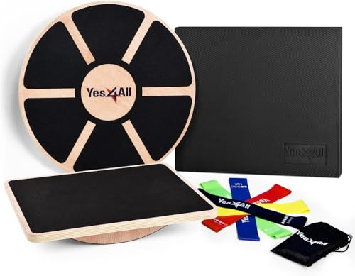 Yes4All Combo 4-in-1 Set for Full Body Workout, Wooden Wobble Balance Board with Rocker Balance Board, Balance Pad & Exercise Bands