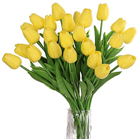 huaao 24pcs Flores Tulipanes Artificiales de látex, Plantas Artificiales Falsos Tacto Realista decoración para hogar, casa, Oficina, Sala, Banquete Boda Nupcial, Fiestas, arreglos Florales, Amarillo
