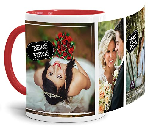 Foto-Tasse zum selbst gestalten mit Foto-Collage für 3 Wunschfotos - Geschenk für Familie, Freunde, Geburtstag, Weihnachten - Keramik Innen & Henkel Rot, 300 ml I Personalisiert