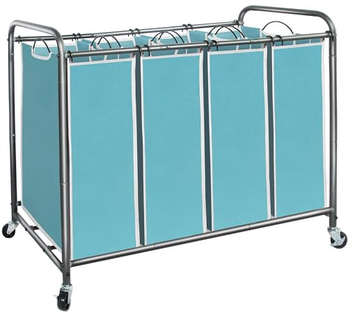 STORAGE MANIAC Wäschesortierer 4 Abschnitte, Wäschesammler mit Rädern, Wäschekorb Sortierer, Wäschetrenner Hamper, Wäschetrenner Hamper, 4 Beutel Wäschesammler mit Rollen und abnehmbaren Taschen, Blau