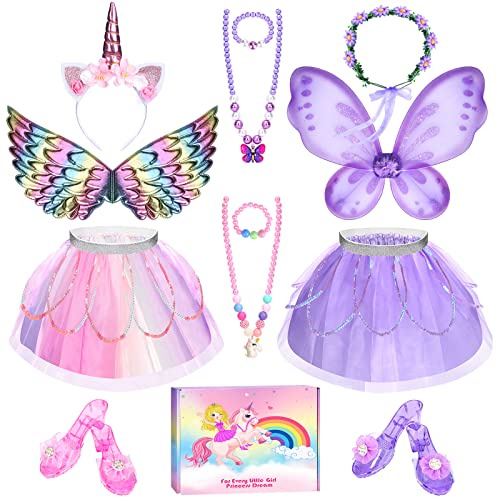 Princess Dress Up for Girls 3-6, Toddler Dress Up Clothes, Unicorn & Flower Hairbands, Princess Shoes Toy, Tutu, Wings, Jewelry, Pretend Play Toddler Girl Toys for Halloween Christmas Birthday Gifts