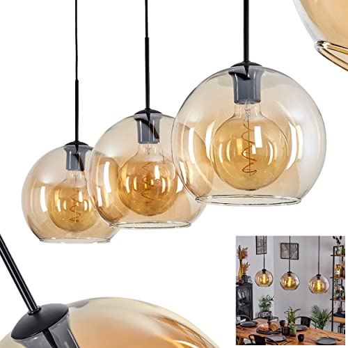 HOFSTEIN Hängeleuchte Koyoto, 3-flammige Hängelampe aus Metall/Glas in Schwarz/Bernsteinfarben, moderne Pendelleuchte im Retro/Vintage-Design, Ø Schirme 25 cm, E27, Esszimmer, Küche, Wohnzimmer