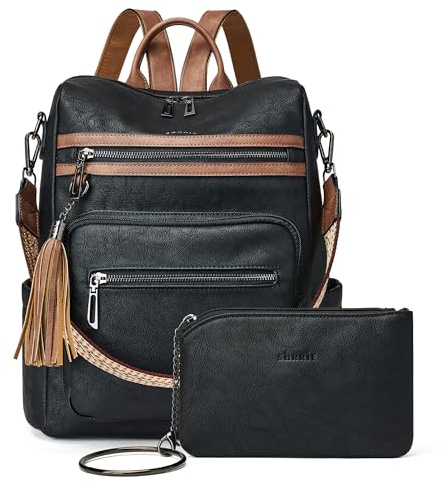 Shrrie Rucksack Damen,Cityrucksack Reiserucksack,PU Lederrucksack Handtasche Rucksack Damen Wasserdicht mit Geldbörse für Freizeit,Büro,Pendeln,Arbeit,Daypack-Schwarz mit Braun