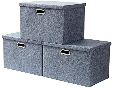 AlphaHome Fabric Storage Box with Lid, Collapsible Linen Fabric Storage Baskets with Galvanized Metal Handle, Set of 3 (Slate Grey, XLarge - 3 Pack)