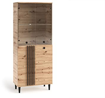 MargaretHadas24 Vitrine Laura III Glas Bar Schrank Schränke Regal Holz Vitrine Möbel Wohnzimmer Glastür mit Holzbeine Standvitrine
