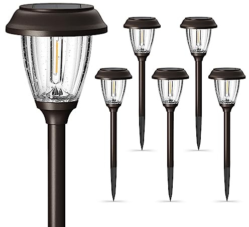 XMCOSY+ Solar Pathway Lights Outdoor, Glass & Stainless Steel Garden Lights with 2 Lighting Modes (10/25 LM), IP65 Waterproof, Warm White for Yard, Walkway, Driveway, Patio & Path (6 Pack)