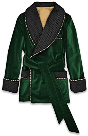 Dark Green Velvet Smoking Jacket with Quilted Silk Shawl Collar English Vintage Gentleman Belted Robes, Green, 5XL