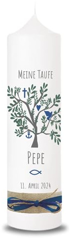 VILLA ROSA LOTTA - Personalisierbare Taufkerze Pepe mit Wunschdaten und Rückseite I Lebensbaum Motiv I 25 cm x 7 cm I Taufkerzen für Jungen und Mädchen I Farbe elfenbein weiß