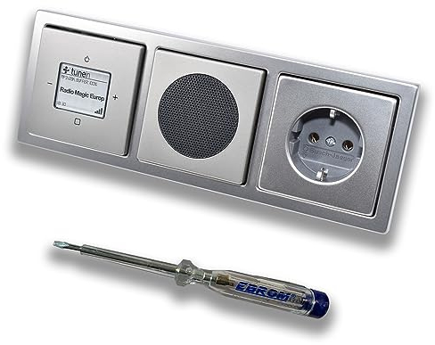 Busch Jäger iNet Internet Unterputz Radio 8216U PUR Edelstahl, Set mit Lautsprecher, Abdeckungen, Steckdose mit Kinderschutz, Rahmen + EBROM Phasenprüfer zur Montage der Geräte - 8216 U Internetradio