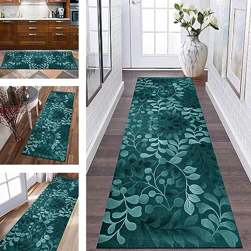 Teppich Flur Läufer Küche Lang rutschfest Küchenteppich Teppichmatten 100X400CM Küchenläufer Türkis Blumen Korridor Teppichläufer Waschbar Meterware Flurläufer Wohnzimmer Schlafzimmer Breite 40-120cm