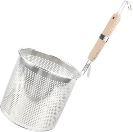 Stainless Steel Colander with Wooden Handle Noodle Pasta Colander Versatile Kitchen Strainer for Straining, Frying, Steaming and Cooking（16cm）