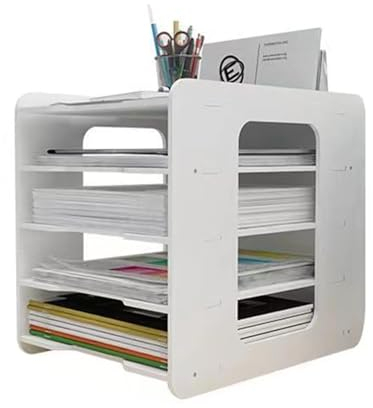 kyaoayo Schreibtisch Organizer, 5 Ablagefächer Schubladenbox, Briefablage mit einen Stifthalter, a4 Dokumentenablage Dokumentenhalter, Weiß Ablage Schreibtischablage für Zuhause Büro Schule (A)
