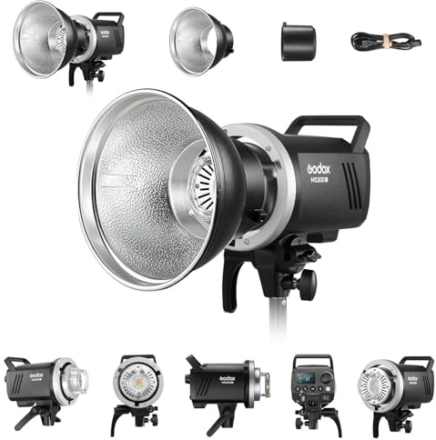 Godox MS300V 300Ws GN58 Compact Studio Strobe Flash Monolight with Bowens Mount Reflector Kit, Modeling Lamp 2.4G Wireless 5600K, 1.3s Recycle at Full Power (MS300 Upgraded Version 110 to 120V)