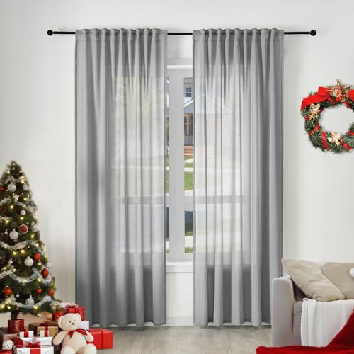 WOLTU 2er Set Gardinenn, Schiebegardine für Wohnzimmer Schlafzimmer, mit Kräuselband, Leinenoptik, Halbtransparent Voile modern, 135 x 245 cm, Grau