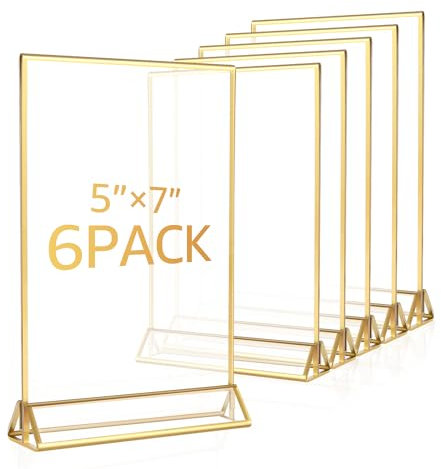 Gatphy 6 portacarte da tavolo per matrimonio, formato A4 A3, cornice portafoto dorata double face con 1 base triangolare porta menù matrimonio oro in acrilico per ricevimento pubblicità poster (5 x 7