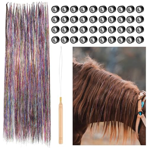 NQEUEPN 40pcs Haarschmuck für Pferde Set, Bunte Pferdemähne und Schwanz Lametta Quaste Pferde Glitzer Haarverlängerungen Dekorationen für Western Hochzeit, Braut, Pferde, Feiern, mit Werkzeug
