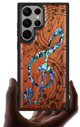 Carveit Designer Wooden Case for Samsung Galaxy S24 Ultra - Musical Note (Red Wood) - Natural Wood & Shell Inlay with Laser Engraving - Compatible with Wireless Chargers - Basic Case