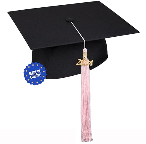 KEPI - Abschluss Hut, Doktorhut, Europäischer Hersteller, Graduation Hut im Universalgröße, Verstellbereich 54-61 cm, Quaste mit Datumsanhänger 2025, Abschlusshüte in 18 Farben - Rosa
