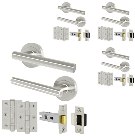 EAI Satin Nickel Door Handles with Latches and Hinges, 4 Pack - Oliena | Complete Latch Kit with 4 Pairs of T-Bar Door Handles, 64mm Latches, 76mm Hinges, Fixings Included