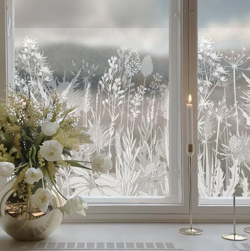 Neukids Weißer Löwenzahn Textur Fensterfolie, Fenster Blickdicht-120X58CM | Milchglasfolie Muster Weiße Blüten, Selbstklebende Fenstersticker Wohnzimmer Schlafzimmer Küche Bad Fenster Deko