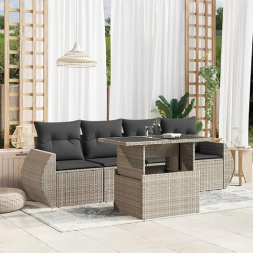 Homgoday 5-TLG. Garten-Sofagarnitur mit Kissen Gartensofa Gartenlounge Balkonmöbel Balkonsofa Gartenmöbel Sofa Lounge Balkonlounge Sitzgruppe Gartenset Hellgrau Poly Rattan