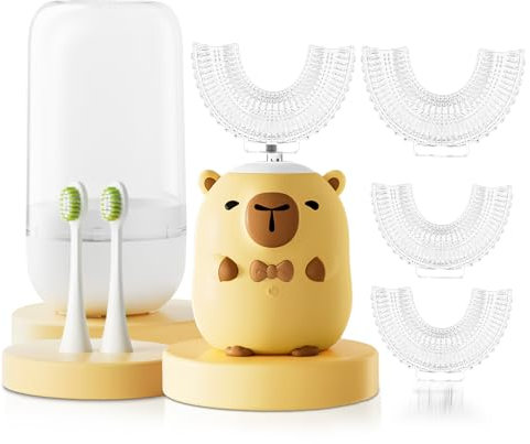 Kids Electric Toothbrush U Shaped - Cartoon Capybara with 6 Brush Heads Full Mouth Degree Cleaning Sonic Toddler Automatic Toothbrush with IPX7 Waterproof (Yellow, 2-14 Years)