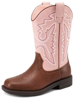 DREAM PAIRS Stivali da cowboy per bambini, a metà polpaccio, con punta quadrata, Rosa/Marrone, 8 Toddler
