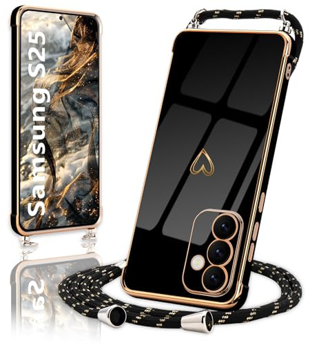 Micoden Handykette für Samsung Galaxy S25 Hülle mit Band Herz | Necklace Handyhülle Kameraschutz Herz Love Design Slim Galvanik Silikon TPU Case Kordel zum Umhängen Schutzhülle, Schwarz