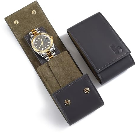 BUREI Leder Uhrenetui Tragbare Uhren Reisetasche Einzeluhr Reisetasche Uhrentasche Unterwegs Aufbewahrungstasche für Damen und Herren(Grau Grün)