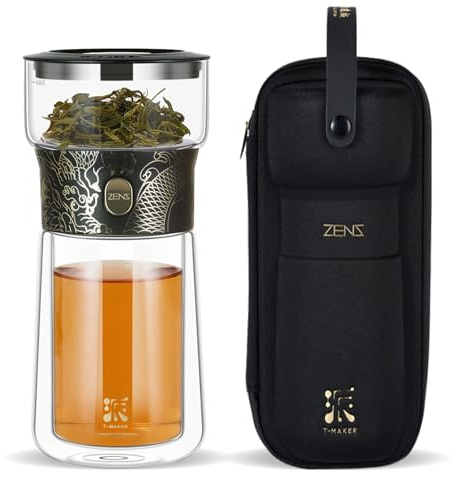 ZENS Klein Teekanne Losen Teezubereiter, One-Touch Magic Teapot, Schwarz | Glas Teekanne mit siebeinsatz, Solo Tea Maker mit 270ml Isolierter Tasse & Tragetasche, Teeliebhaber Geschenke